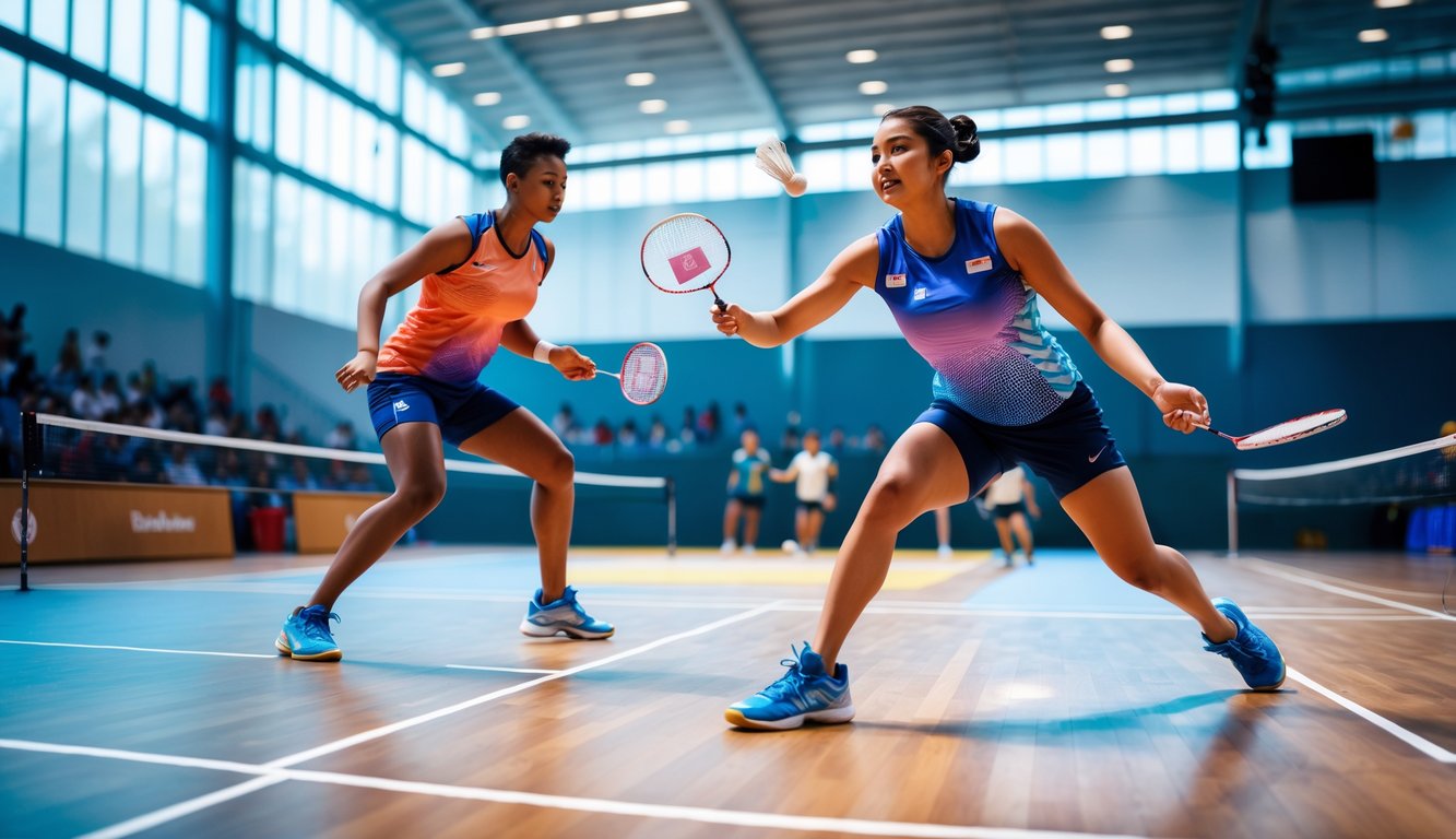Dua pemain bulu tangkis sedang bermain di lapangan dalam ruangan dengan pencahayaan terang dan penonton di latar belakang.