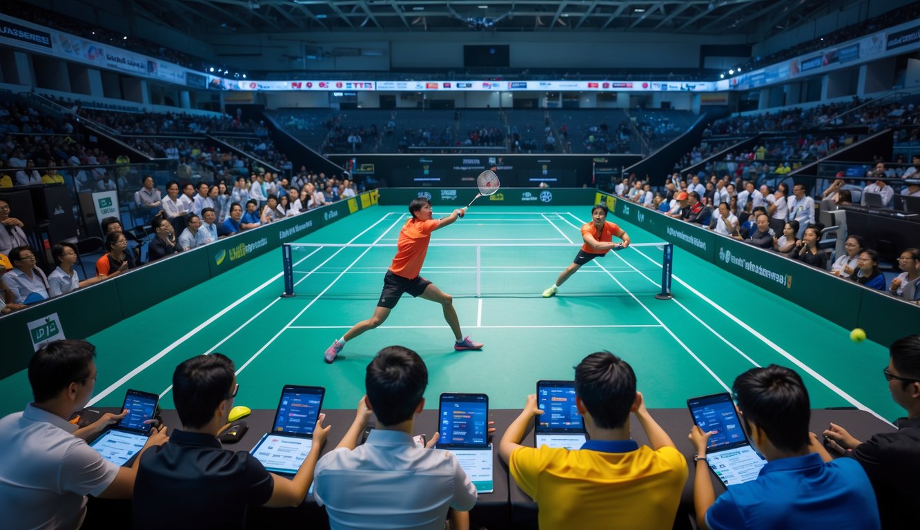 Pertandingan bulu tangkis Piala Dunia dengan pemain yang sedang bertanding dan penonton serta orang-orang yang sedang memasang taruhan.