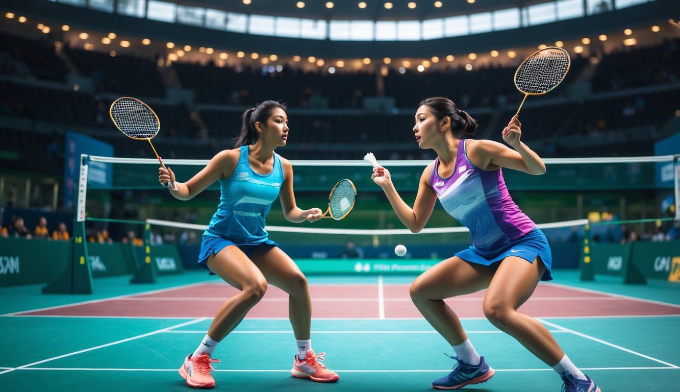 Dua pemain bulu tangkis sedang bertanding di lapangan dalam ruangan dengan penonton di latar belakang.