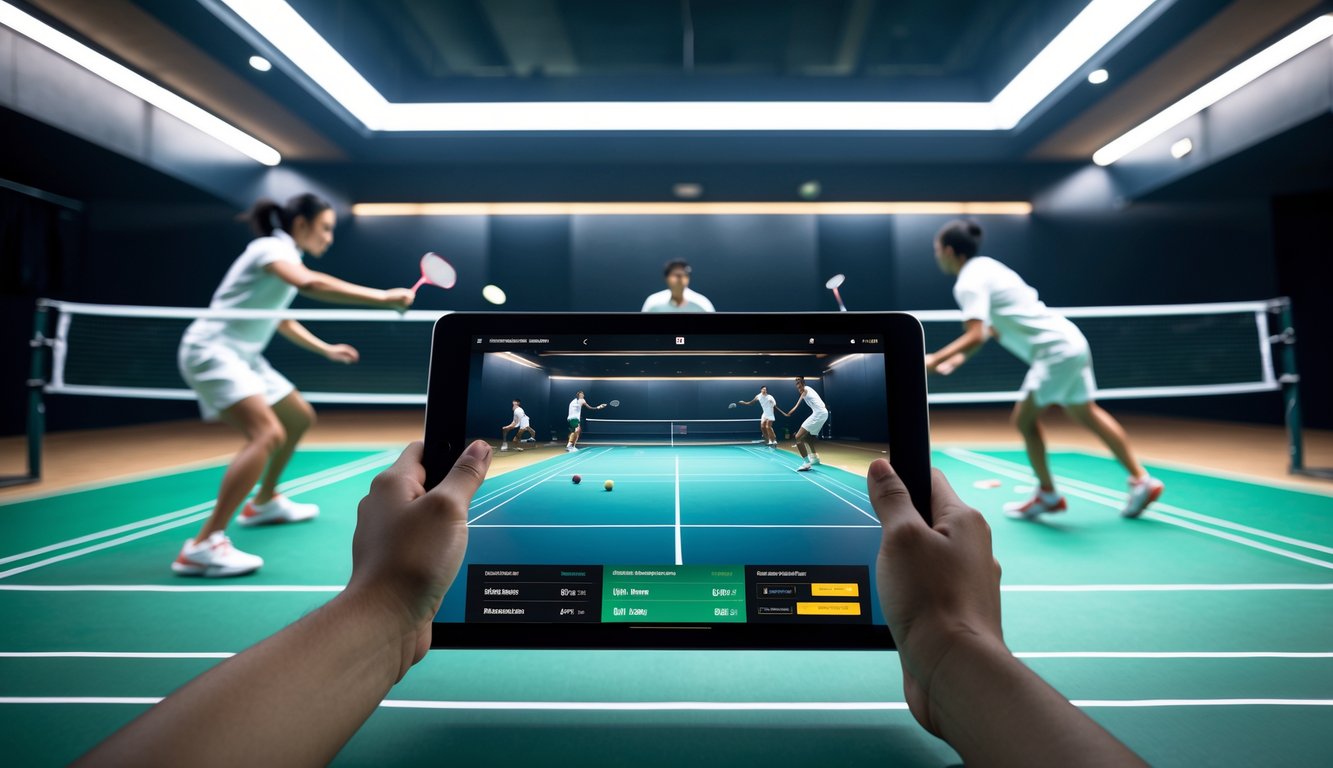Seseorang menggunakan tablet untuk memasang taruhan pada pertandingan bulu tangkis yang sedang berlangsung di lapangan.