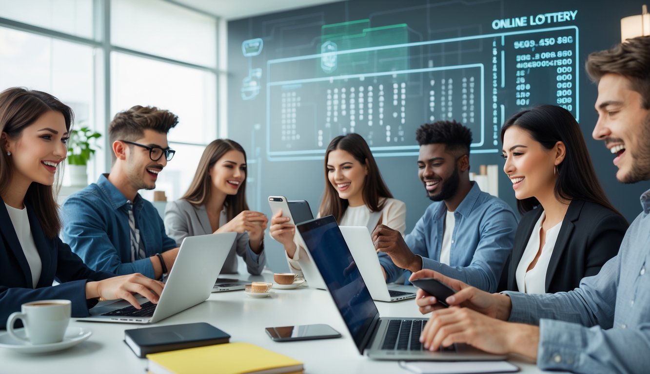 Sekelompok orang muda menggunakan laptop dan ponsel di kantor modern yang cerah, fokus pada permainan togel online.