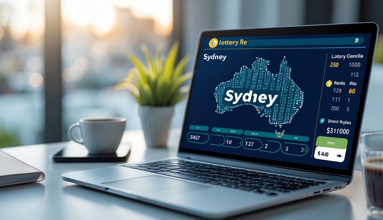Seorang pria menggunakan laptop di meja kerja dengan layar menampilkan antarmuka lotere digital dan peta Sydney, dengan ponsel dan secangkir kopi di sampingnya.