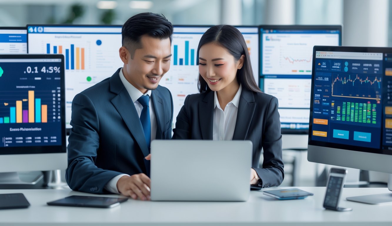 Dua orang profesional sedang bekerja bersama di kantor modern dengan komputer dan data terkait lotere.