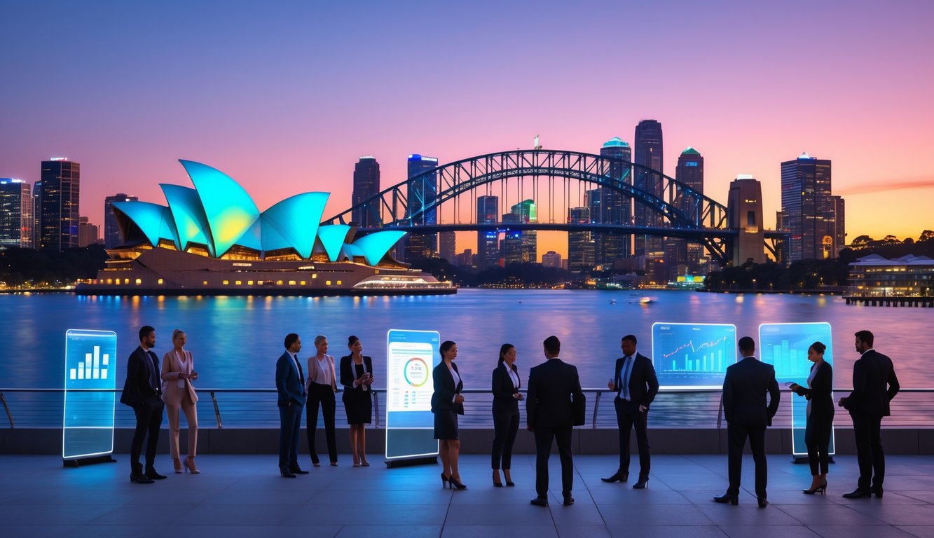 Pemandangan kota Sydney yang modern dengan gedung pencakar langit dan jembatan terkenal, serta orang-orang berdiskusi di tepi pantai.