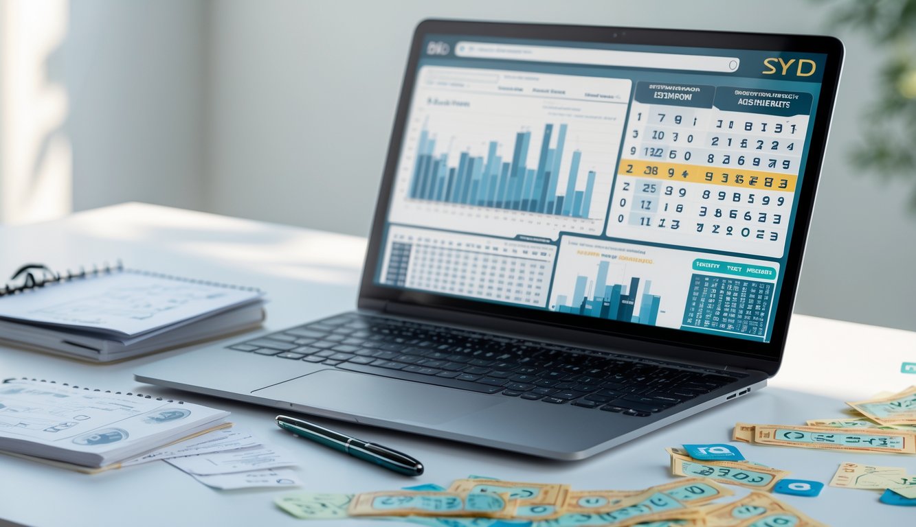 Meja kerja dengan laptop, tiket lotre, pena, dan buku catatan yang menunjukkan aktivitas prediksi angka lotre.