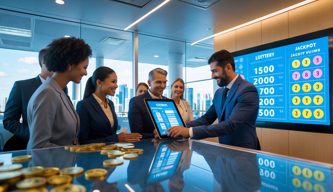 Orang-orang di kantor modern sedang melihat layar dengan informasi jackpot lotere dan pemandangan kota Sydney di latar belakang.