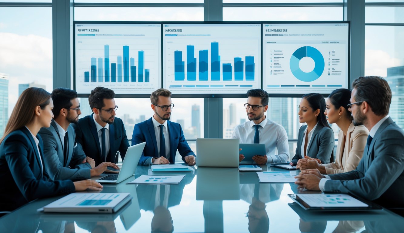 Sekelompok profesional sedang bekerja bersama di ruang konferensi modern dengan layar digital menampilkan grafik dan data.