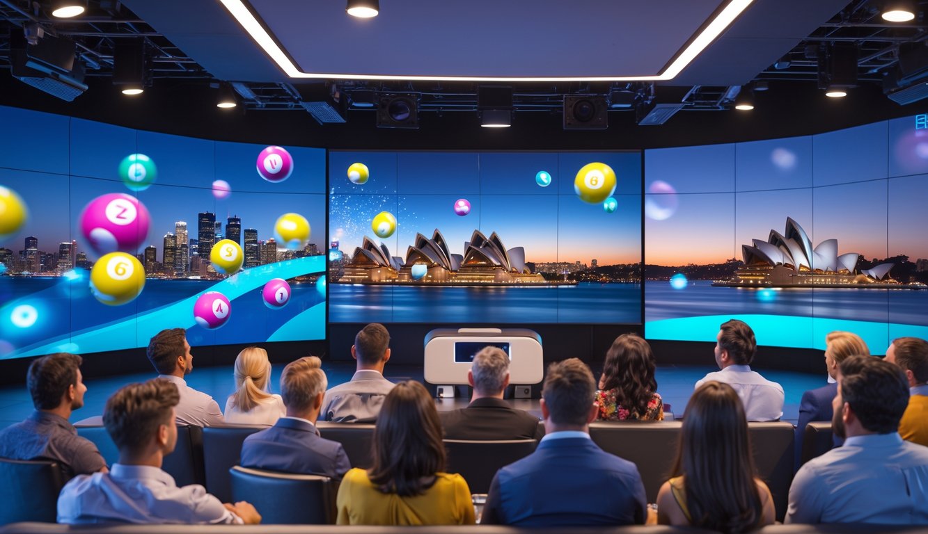 Suasana studio modern dengan layar digital menampilkan bola lotre berwarna-warni dan angka, latar belakang kota Sydney dengan landmark terkenal, orang-orang menonton undian lotre secara langsung.