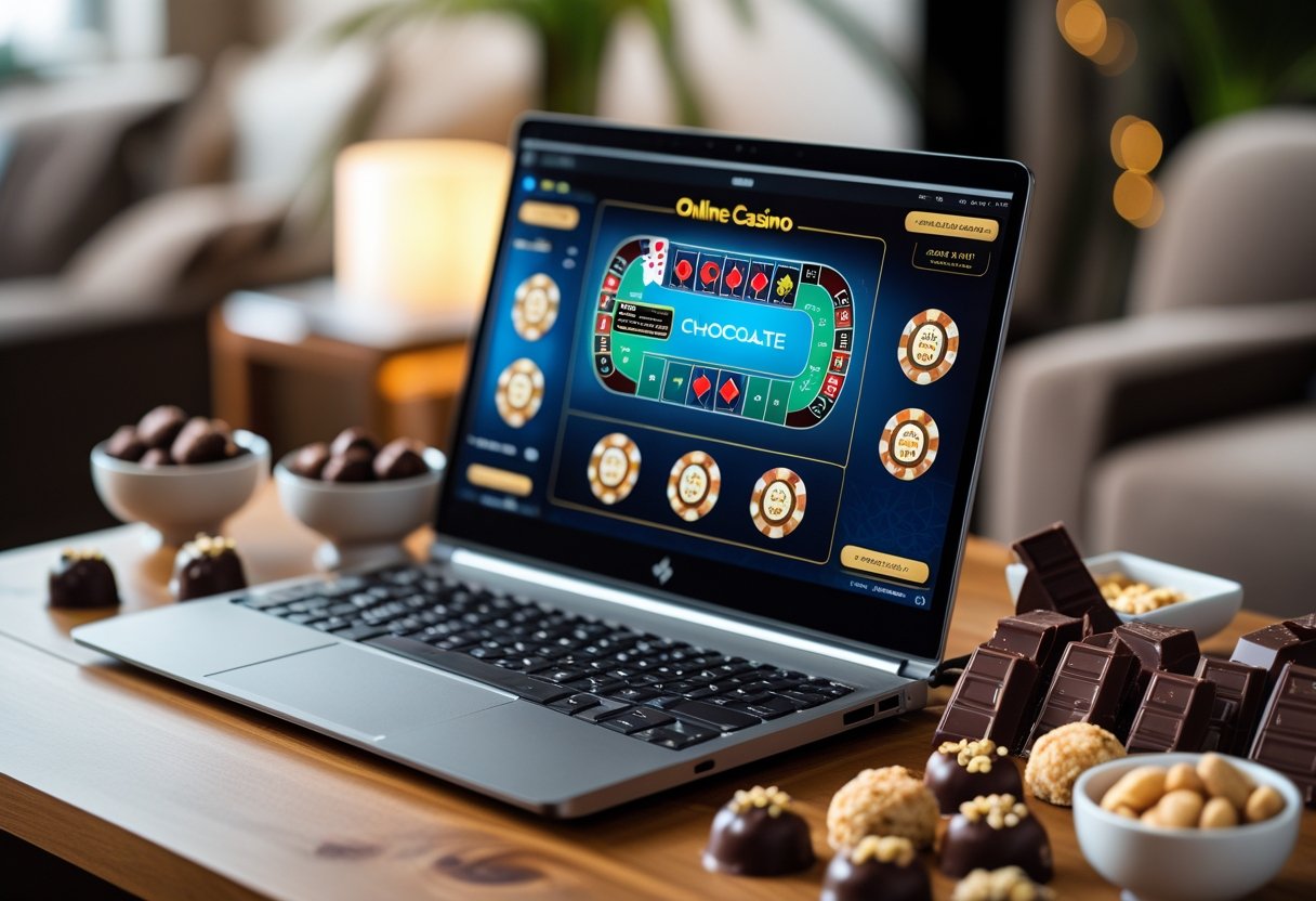 A laptop showing an online casino game surrounded by various chocolate snacks on a wooden table.