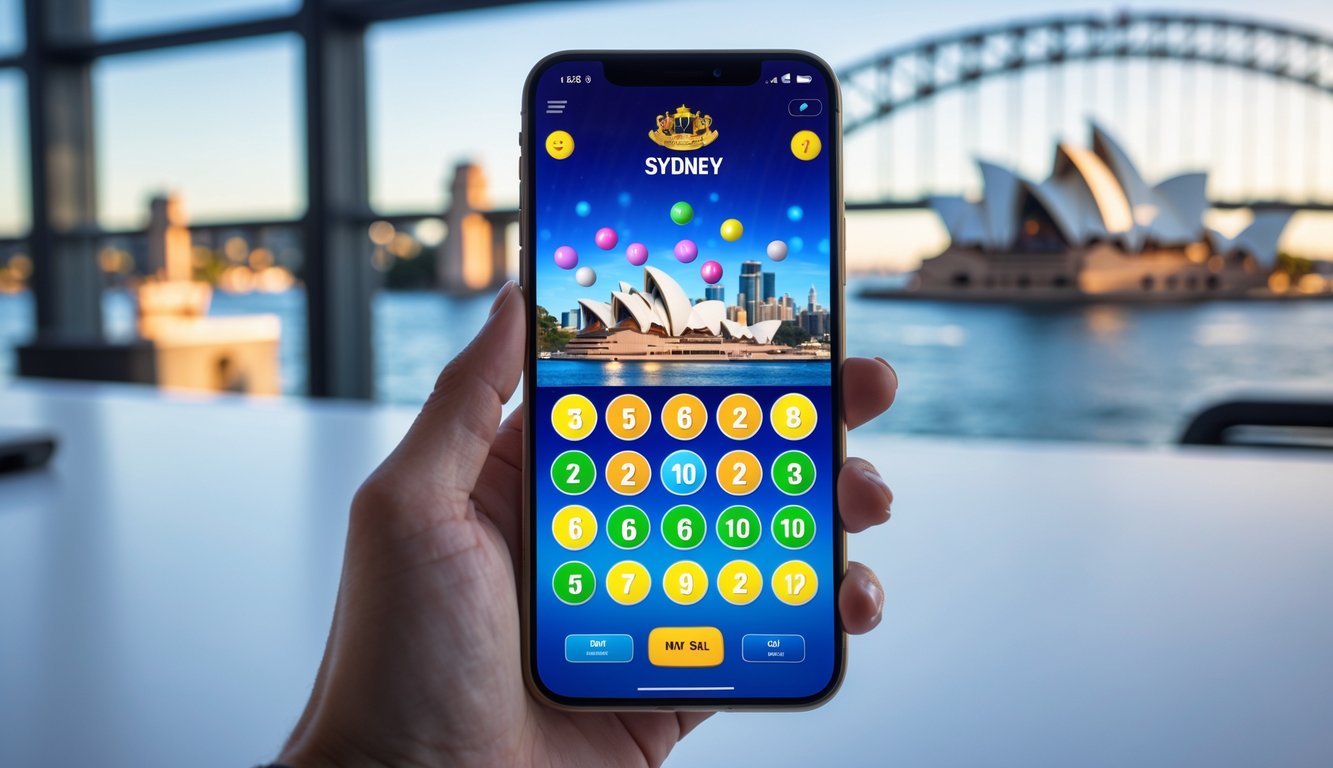 Seseorang memegang ponsel yang menampilkan aplikasi lotere dengan latar belakang kota Sydney.