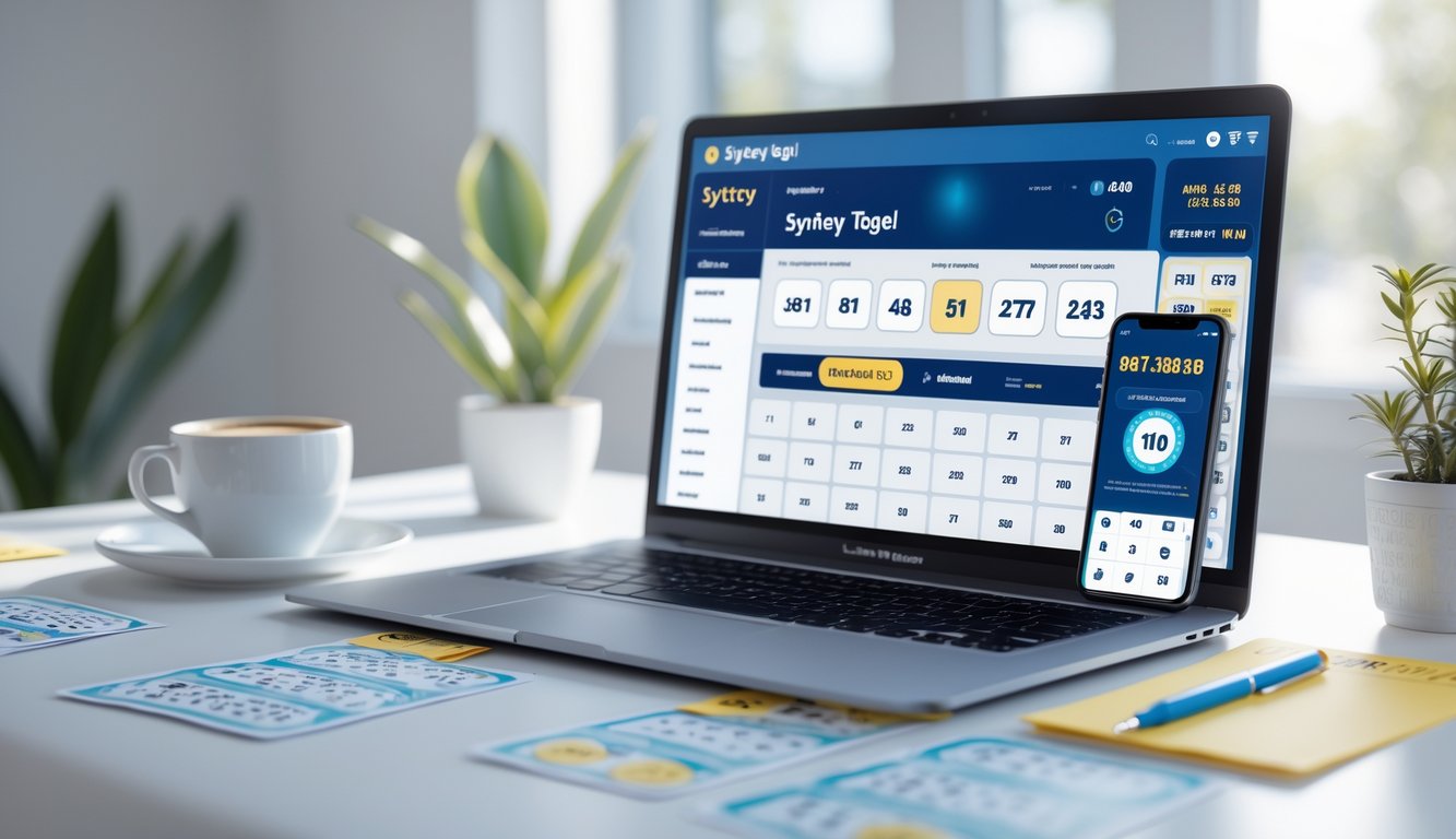 Sebuah meja kerja dengan laptop dan ponsel yang menampilkan antarmuka taruhan togel online, dilengkapi tiket togel, secangkir kopi, dan buku catatan.