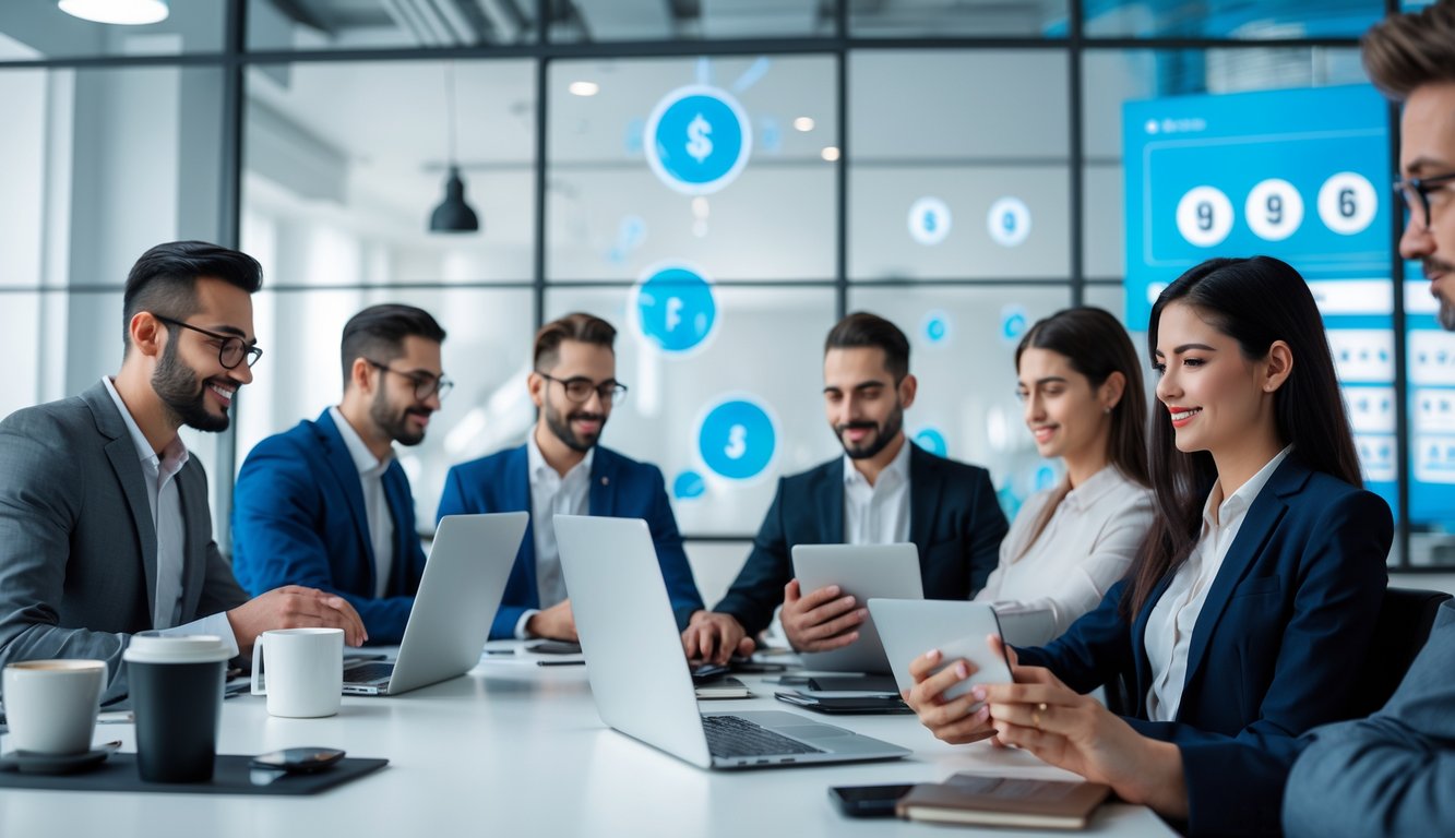 Orang-orang bekerja di kantor modern menggunakan laptop dan ponsel untuk bermain judi togel secara online.