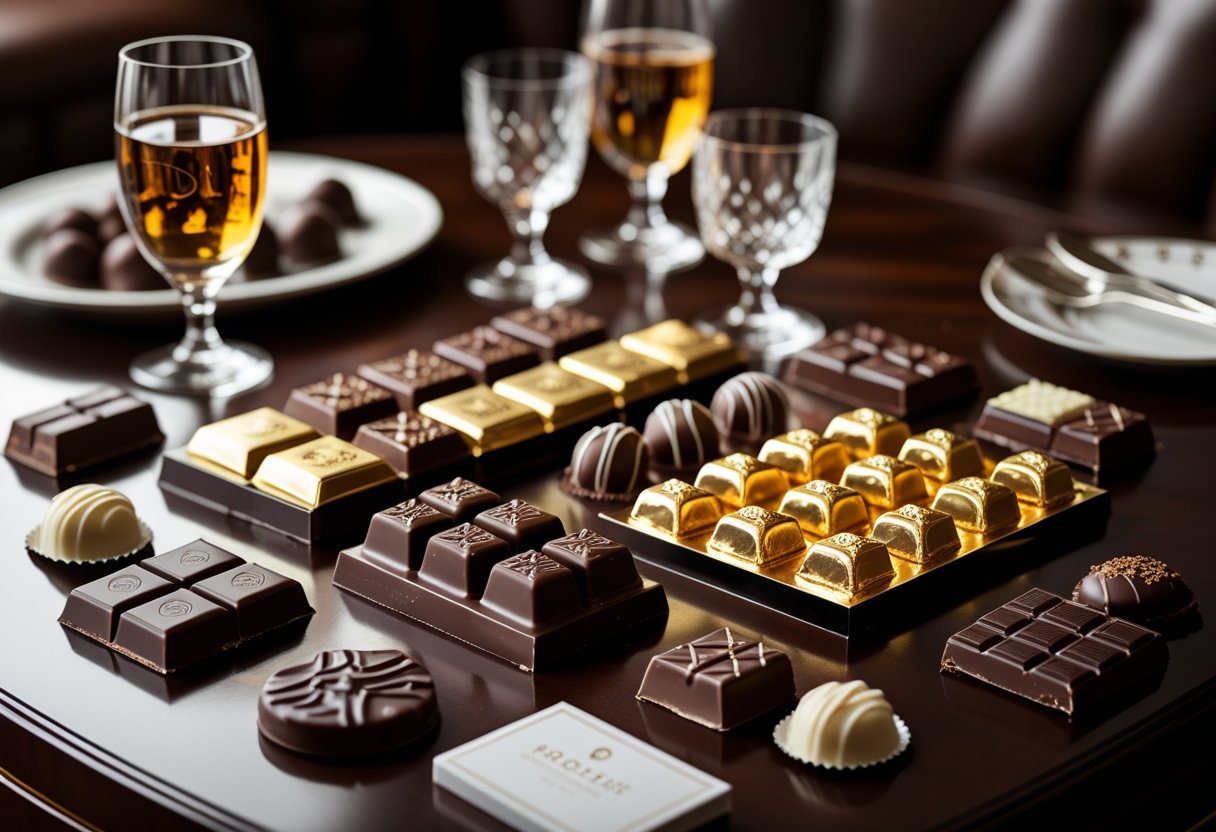 A luxurious table setting with assorted premium chocolates, crystal glasses of whiskey and champagne, fine plates, and silverware in an upscale lounge environment.