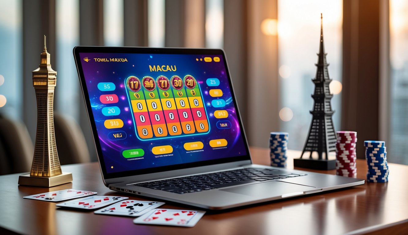 Sebuah meja kerja dengan laptop yang menampilkan antarmuka permainan lotre online, dikelilingi oleh model menara Macau, kartu remi, dan chip poker.