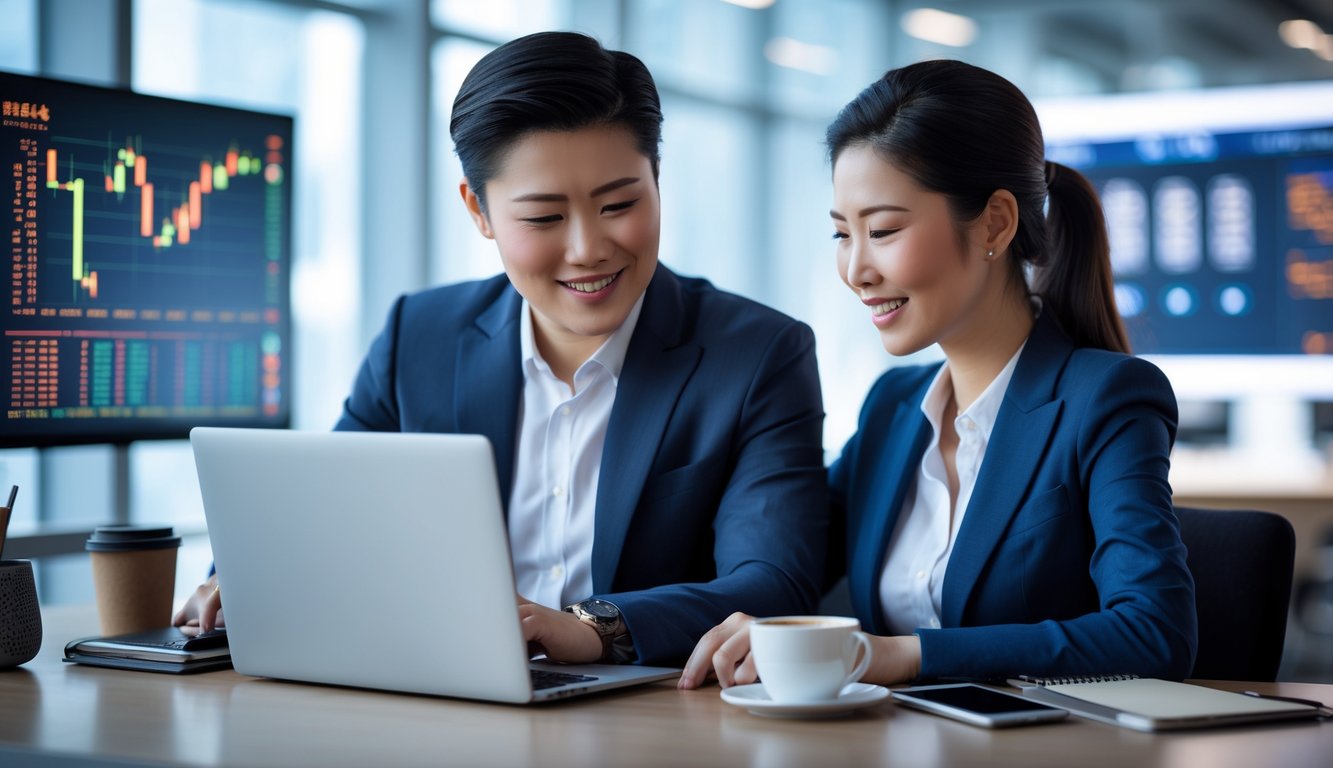 Dua orang profesional sedang bekerja bersama di kantor modern dengan laptop dan layar digital di latar belakang.