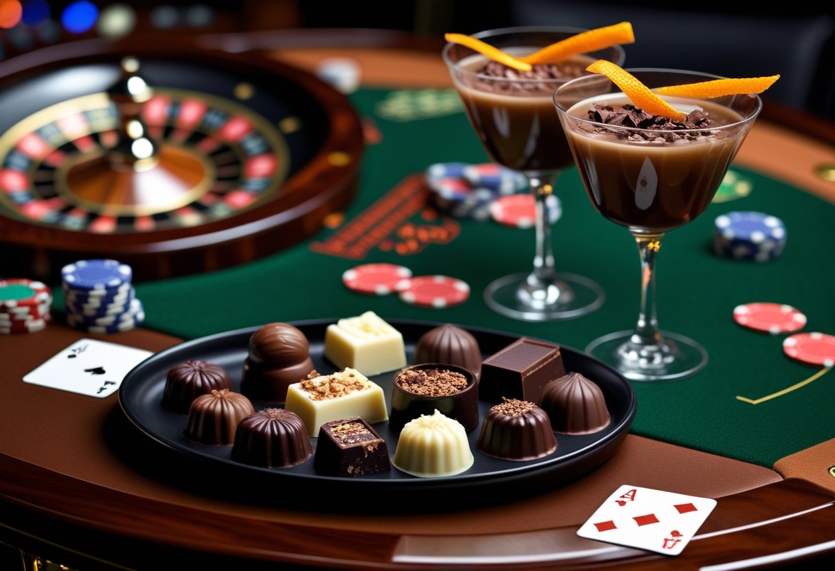 A casino table with poker chips and cards, featuring gourmet chocolates and two chocolate cocktails on a platter.