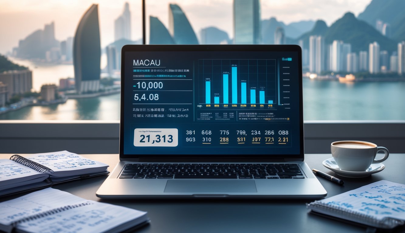 Meja kerja modern dengan laptop, catatan, dan alat tulis di depan jendela yang menampilkan pemandangan kota Macau.