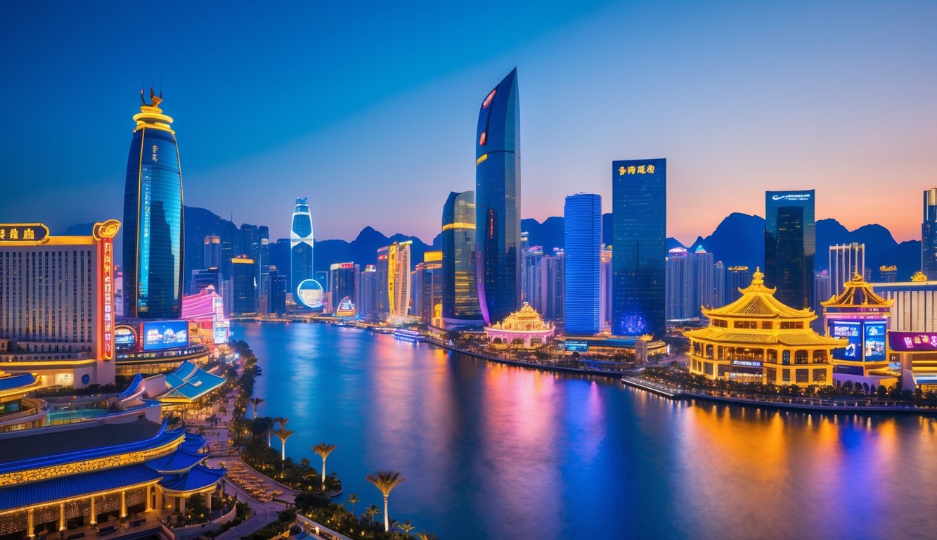 Pemandangan kota Macau yang ramai dengan gedung pencakar langit dan lampu neon di malam hari, menampilkan suasana hiburan dan kasino yang hidup.