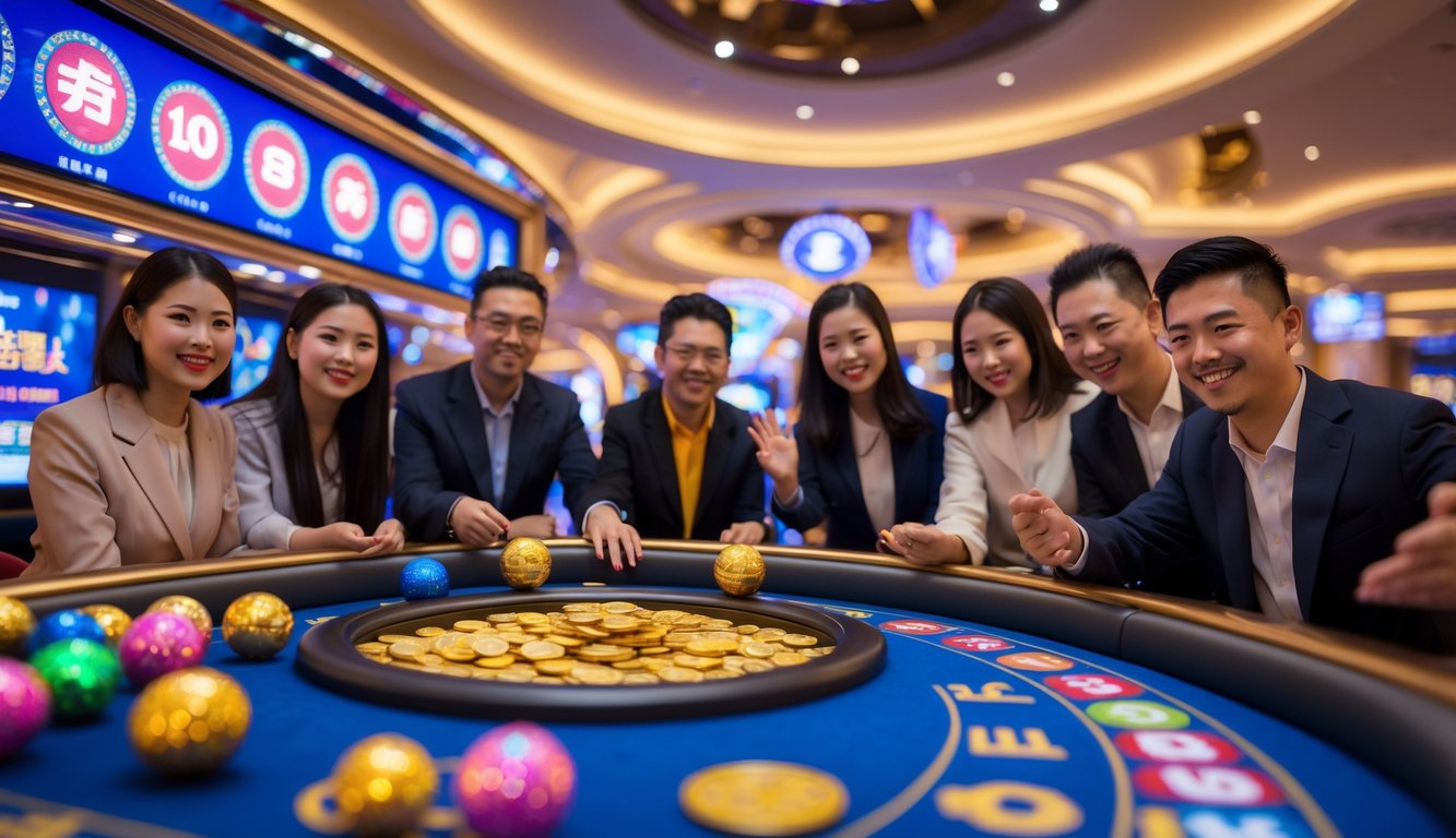 Suasana kasino modern dengan bola lotere berwarna-warni dan koin emas yang bersinar, menampilkan orang-orang yang tersenyum dan merayakan kemenangan jackpot.