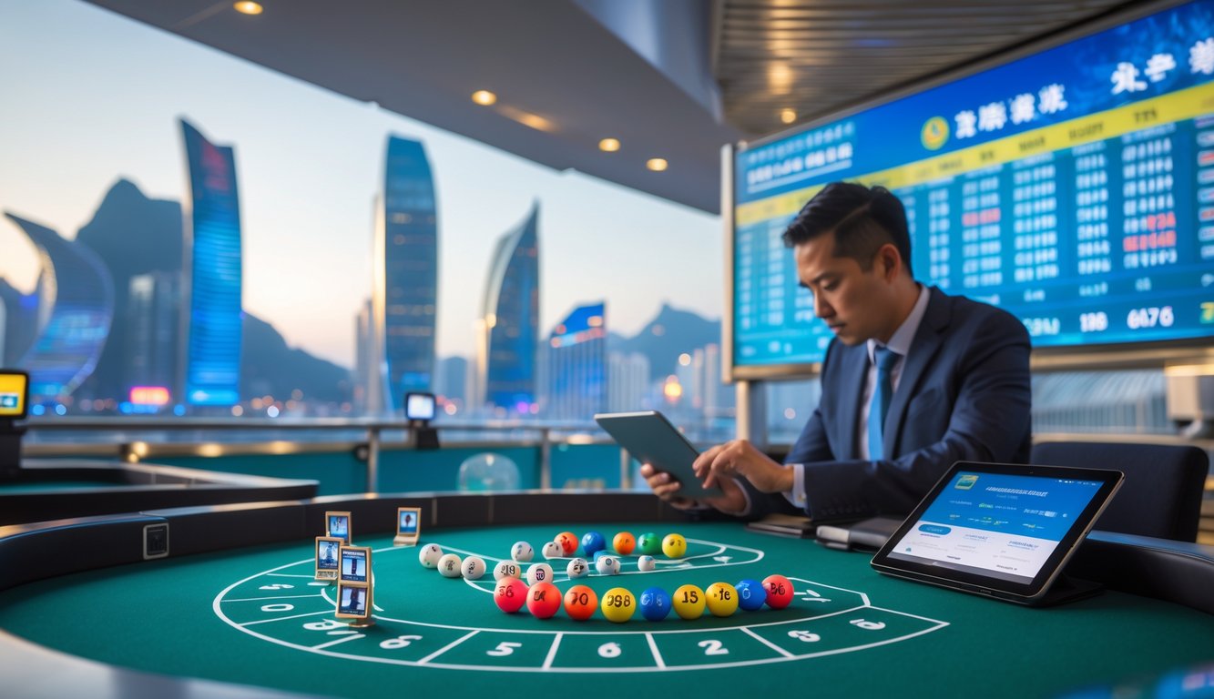 Meja permainan lotere di Macau dengan bola bernomor dan latar belakang cakrawala kota Macau yang terkenal.