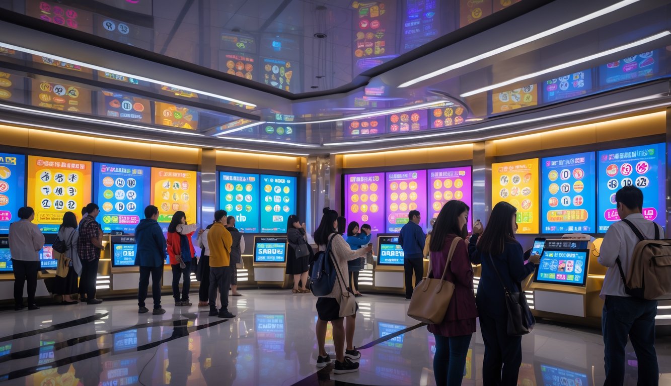 Suasana ramai orang mengikuti undian Togel Macau secara langsung di dalam ruangan dengan layar digital dan orang-orang fokus pada hasil undian.