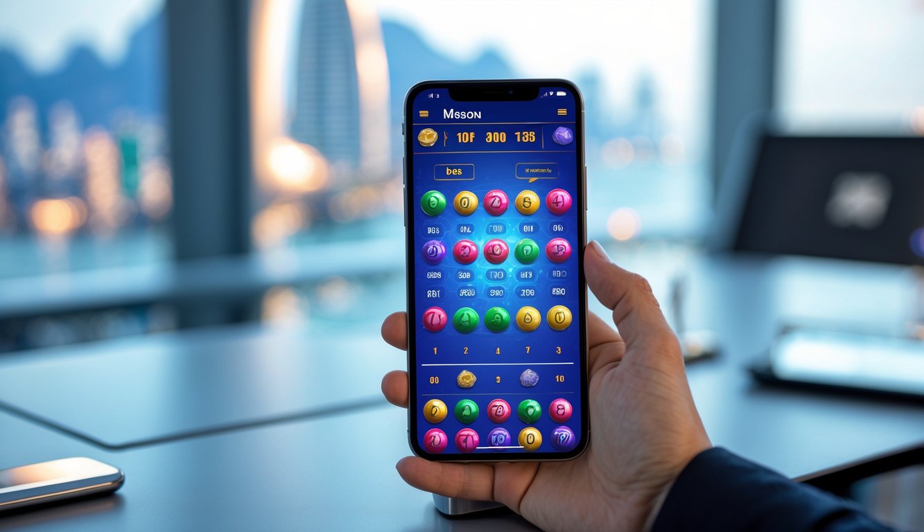 Seseorang memegang ponsel yang menampilkan aplikasi lotere dengan latar belakang kota Macau.