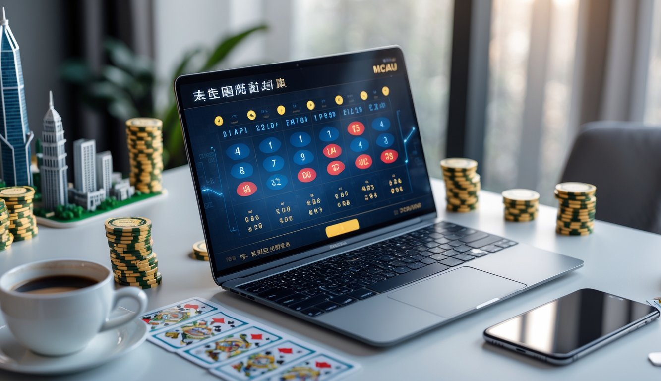 Seorang pria menggunakan laptop di meja kerja dengan model miniatur gedung Macau dan chip kasino di sekitarnya.