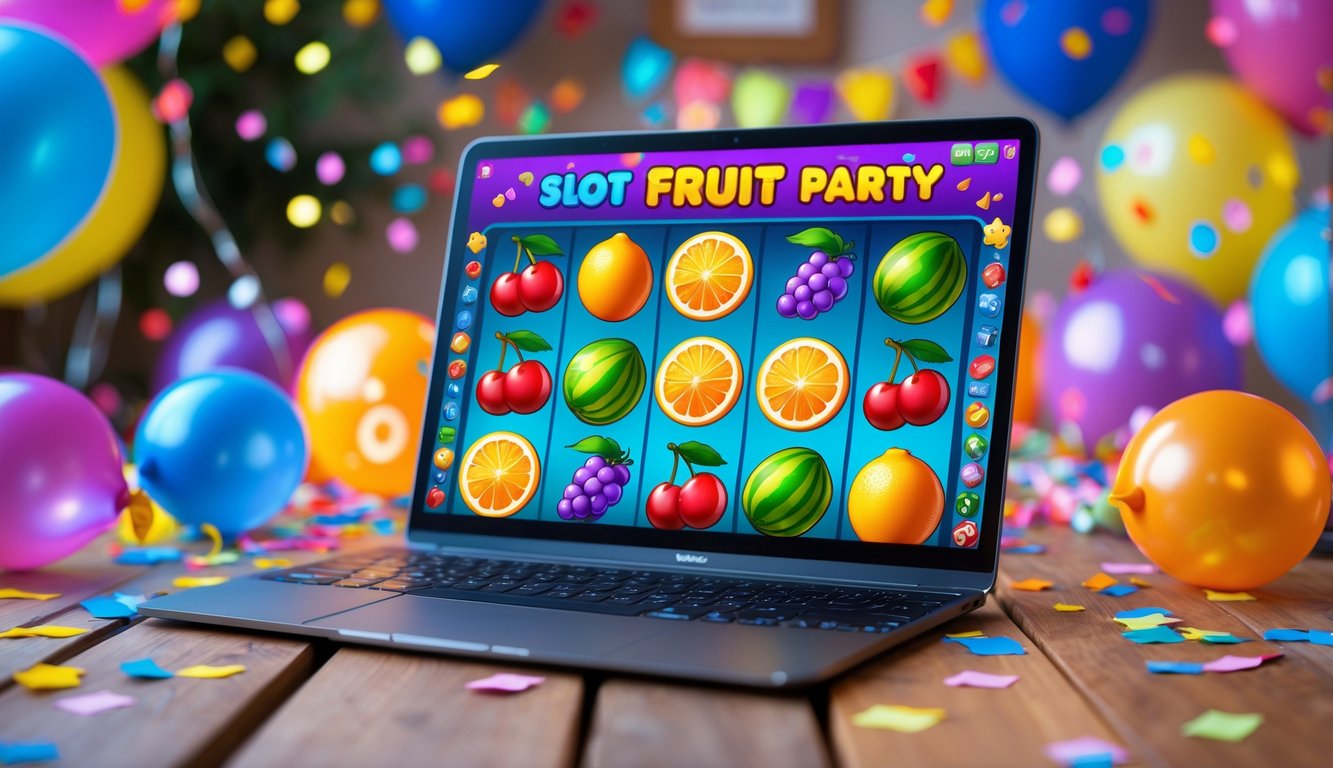 Layar perangkat digital menampilkan permainan slot buah dengan dekorasi pesta warna-warni di sekitarnya.
