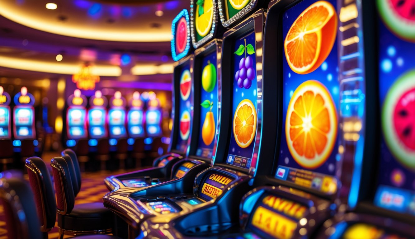Area mesin slot dengan simbol buah berwarna cerah yang sedang berputar di kasino.