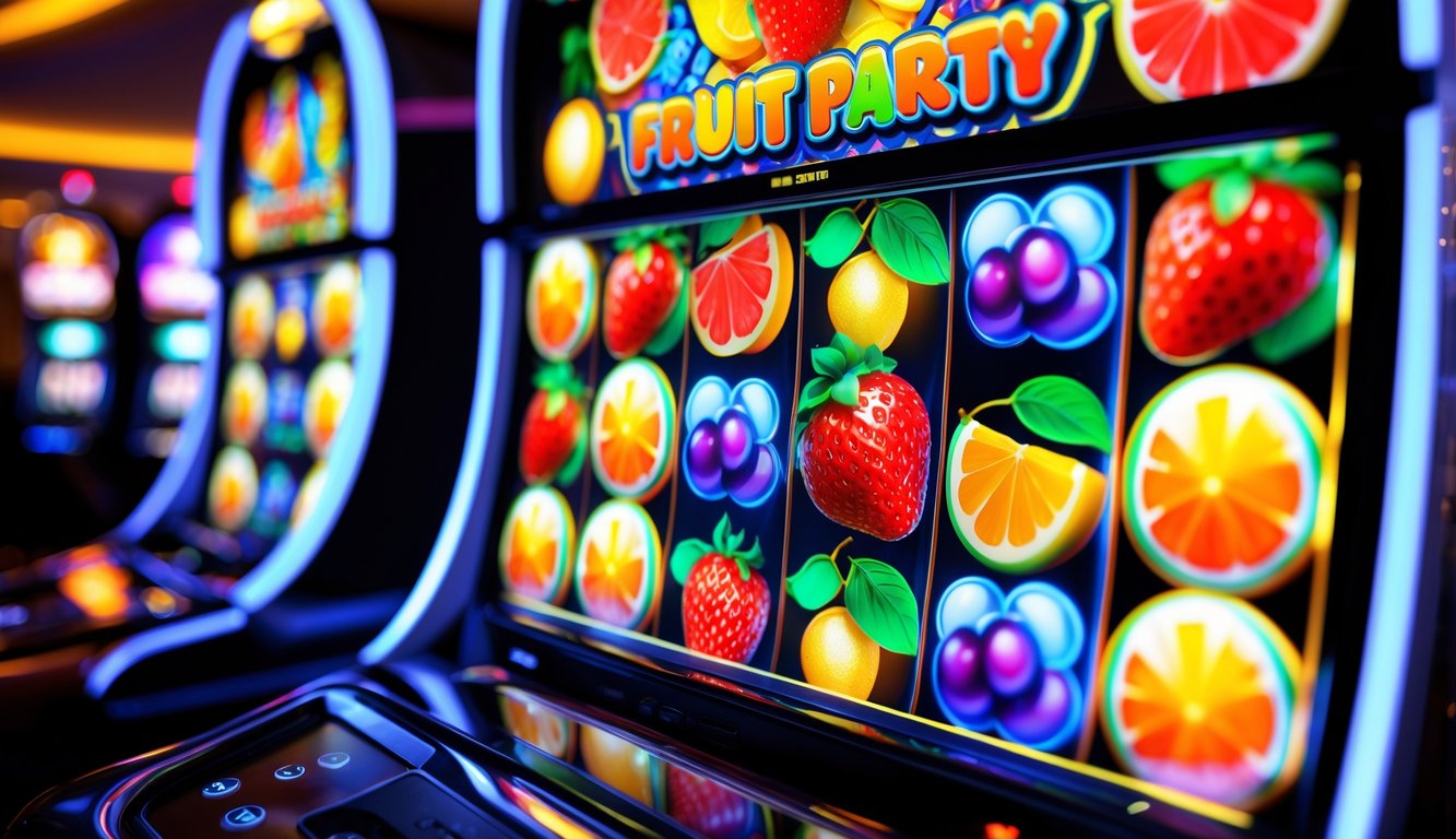 Tampilan dekat mesin slot dengan simbol buah segar berwarna-warni di layar.