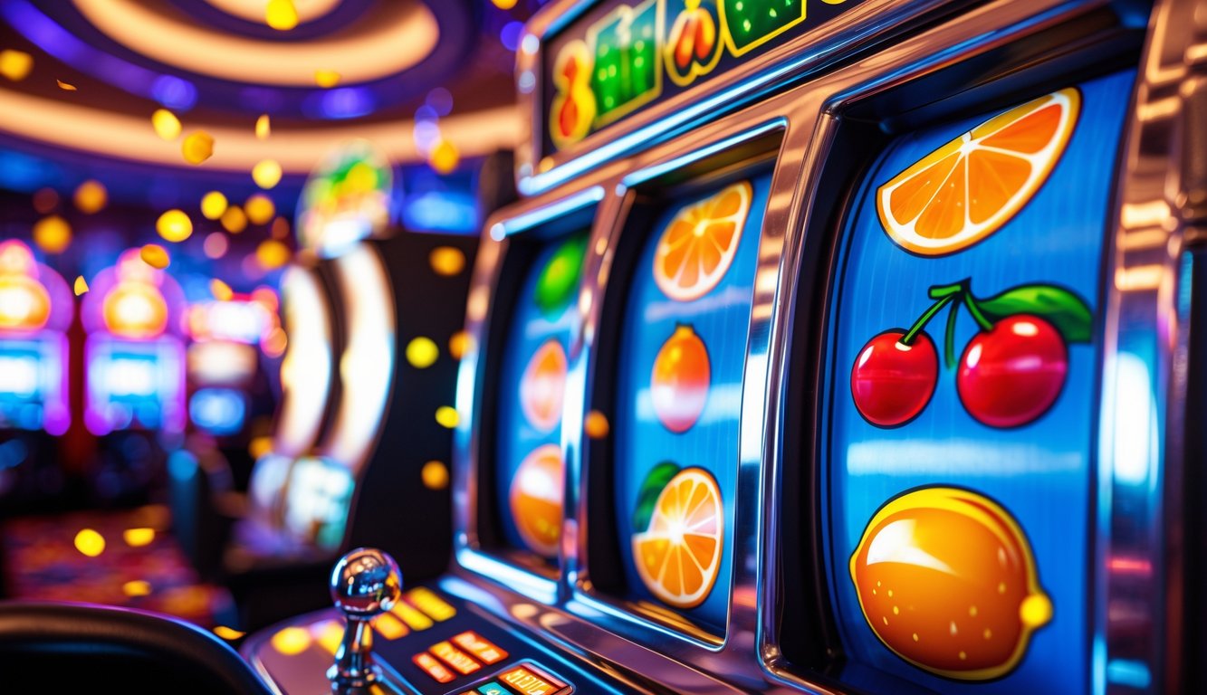 Mesin slot buah berwarna cerah dengan simbol buah berputar dan lampu jackpot yang menyala di latar belakang pesta.