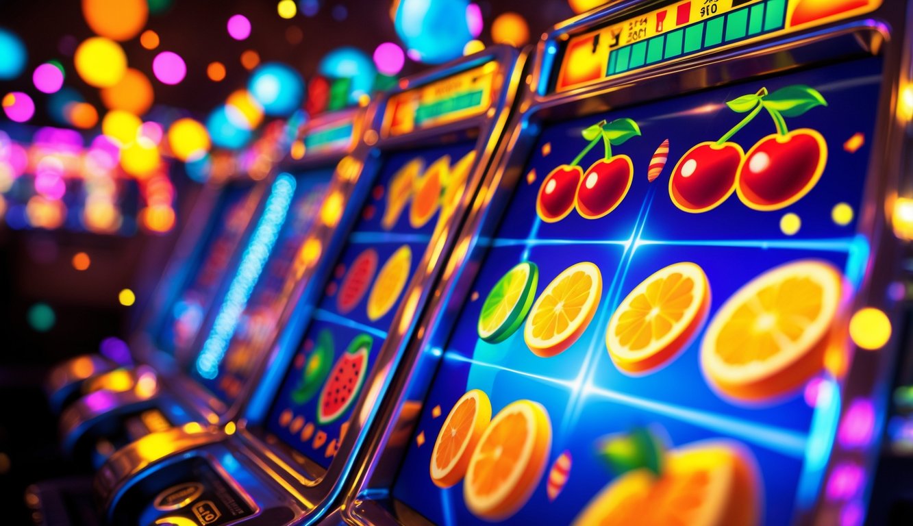 Mesin slot dengan simbol buah berwarna-warni berputar, dikelilingi lampu pesta dan confetti.
