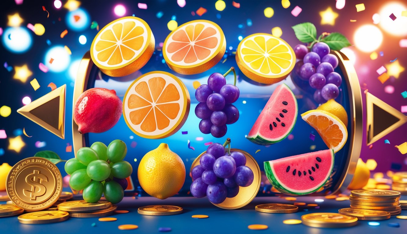 Simbol buah berwarna-warni dari mesin slot dengan koin emas dan lampu pesta di latar belakang.
