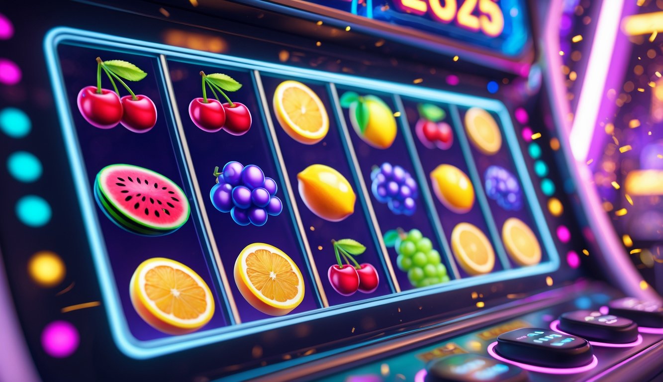 Layar permainan slot online dengan simbol buah berwarna-warni dan latar belakang bercahaya futuristik.