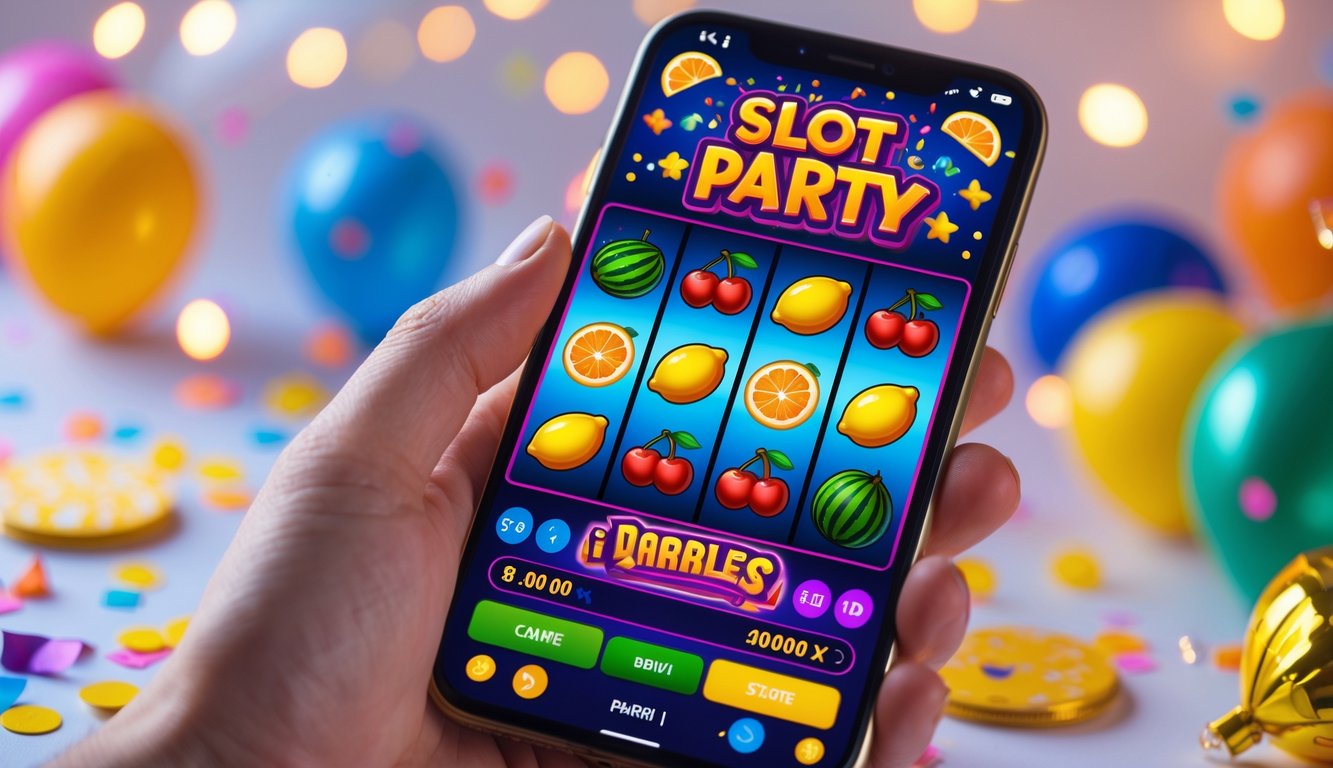 Sebuah ponsel yang menampilkan permainan mesin slot dengan simbol buah berwarna-warni dan dekorasi pesta di sekitarnya.