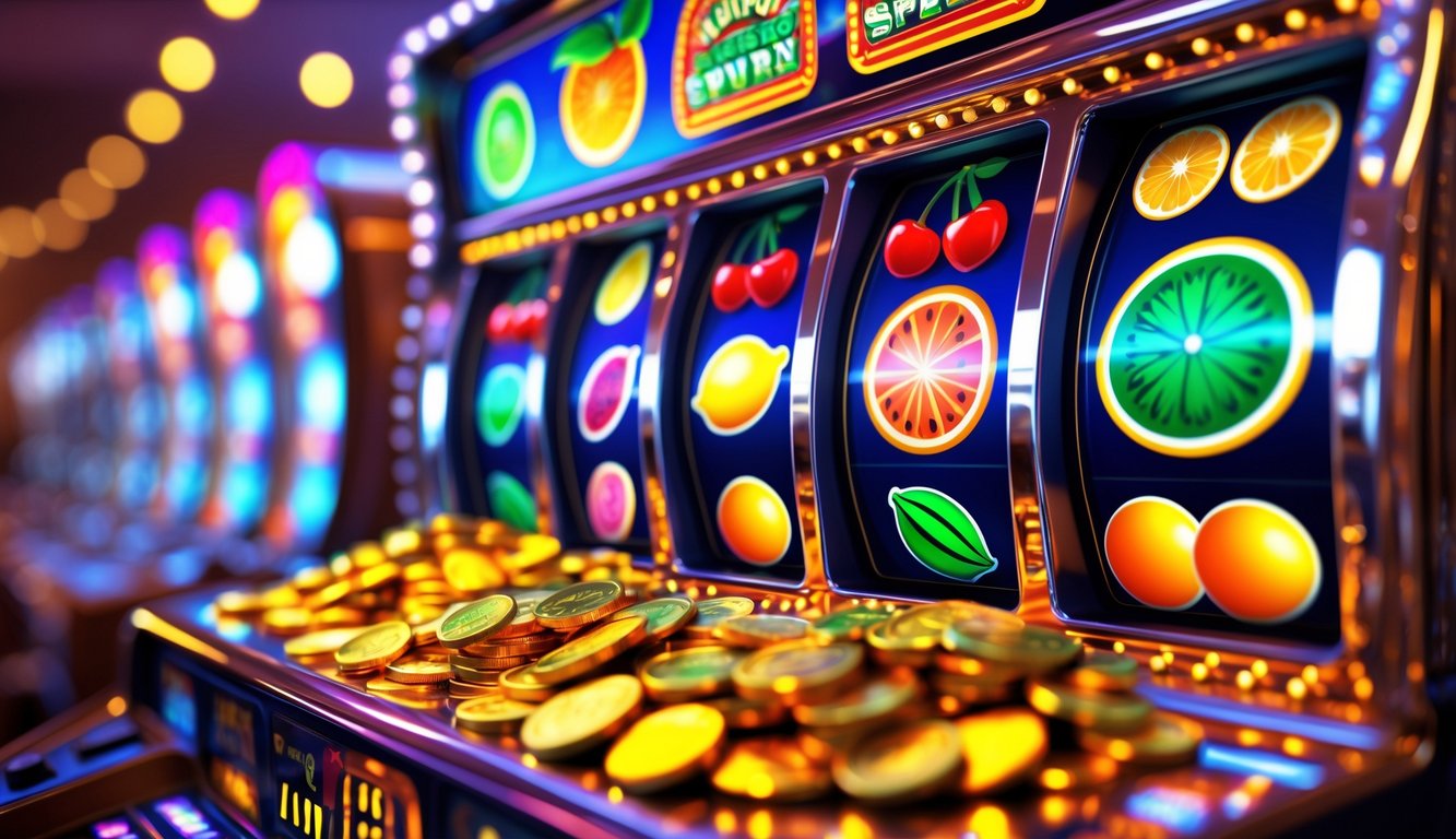 Mesin slot buah dengan simbol buah berwarna cerah dan koin emas yang melimpah di sekitarnya.