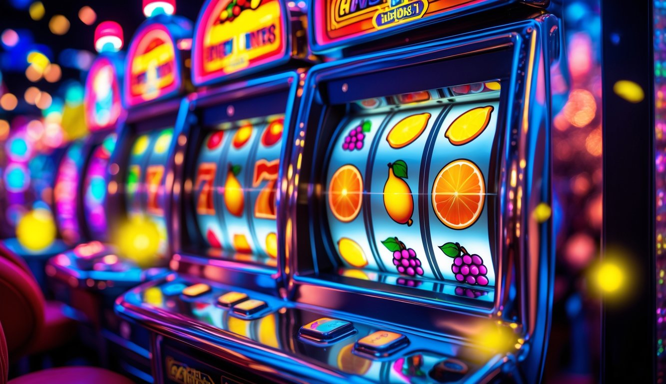 Mesin slot dengan simbol buah berwarna-warni dan suasana pesta yang meriah.
