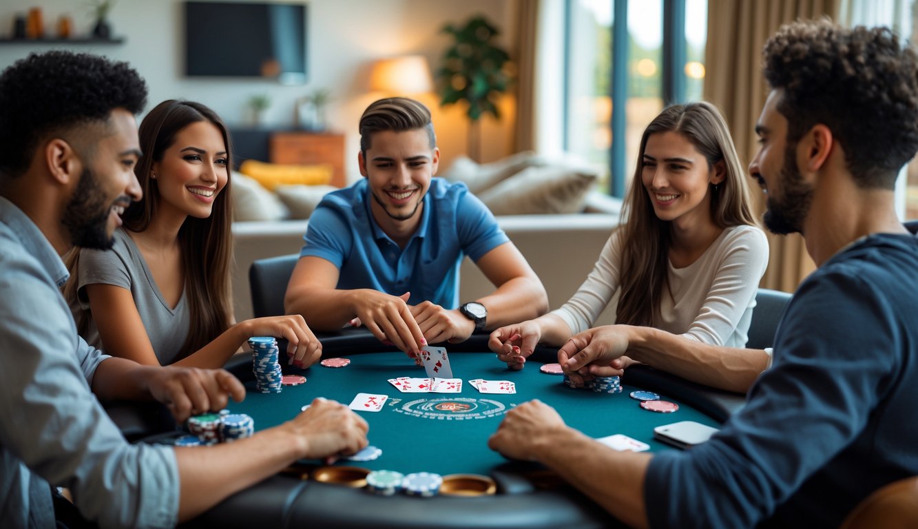 Sekelompok orang muda bermain poker di meja di ruang tamu yang nyaman dan terang.