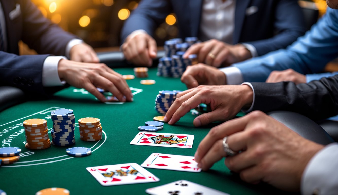 Meja poker dengan chip dan kartu, beberapa tangan pemain sedang bertaruh dalam suasana permainan yang serius.