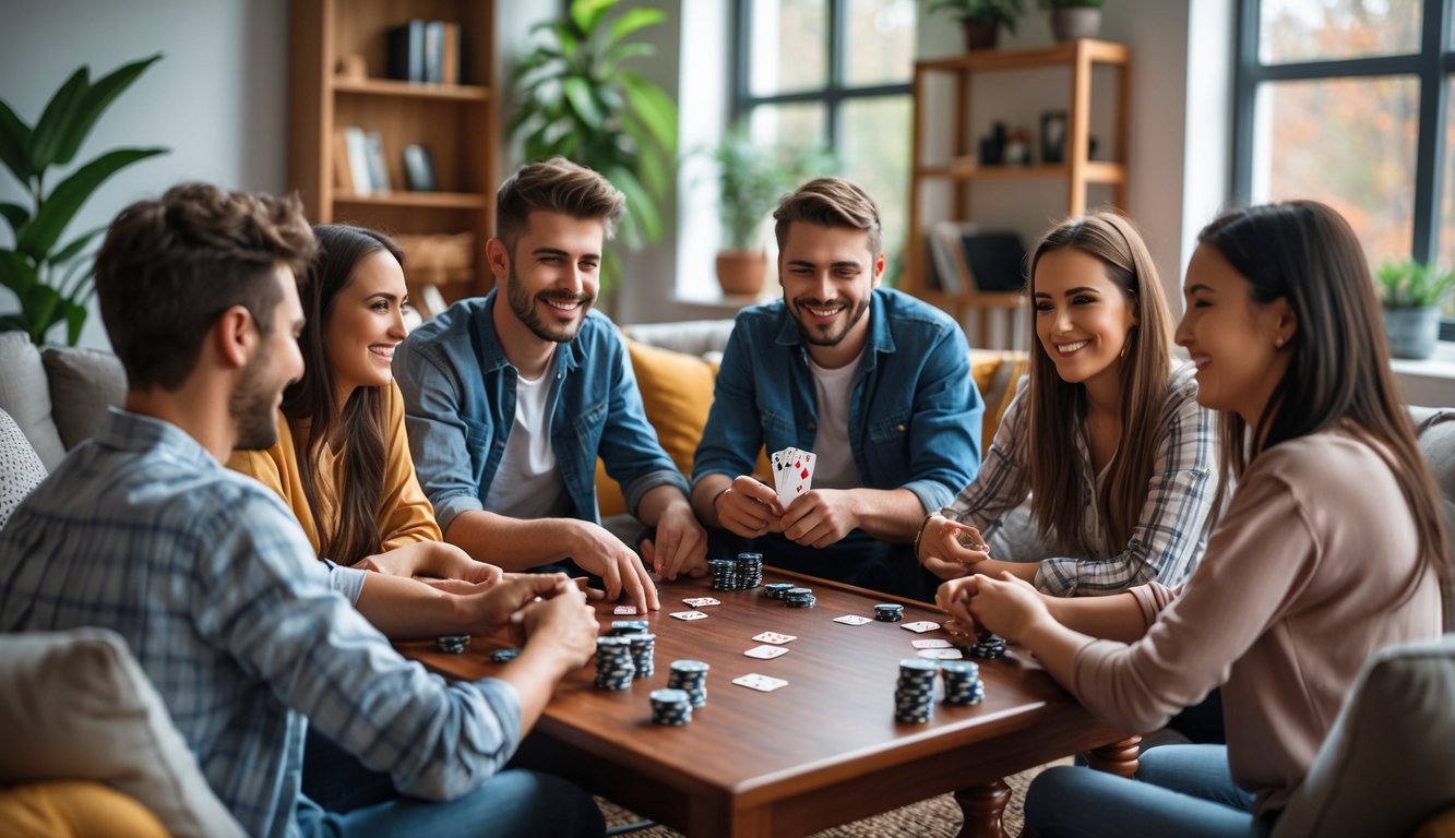 Sekelompok orang muda bermain poker secara santai di ruang tamu modern dengan meja kopi dan peralatan poker.