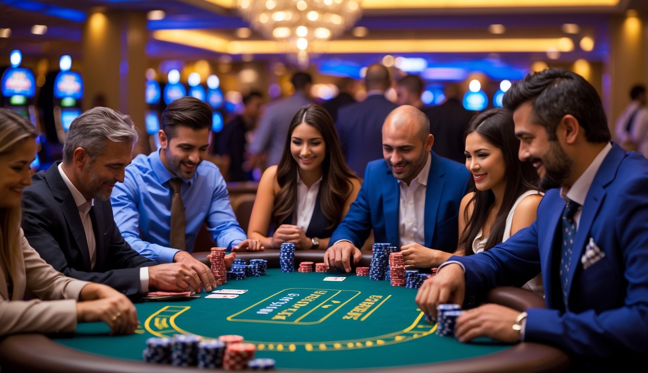 Sekelompok orang bermain poker di meja hijau di dalam kasino dengan suasana yang ramai dan penuh fokus.