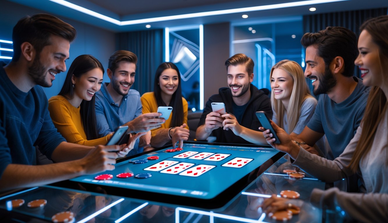 Sekelompok orang muda bermain poker online di ruang tamu modern dengan meja sentuh besar dan perangkat digital.