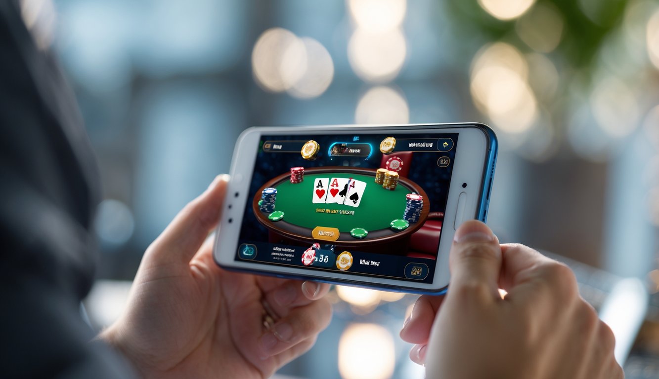 Seseorang memegang ponsel yang menampilkan permainan poker di layar.
