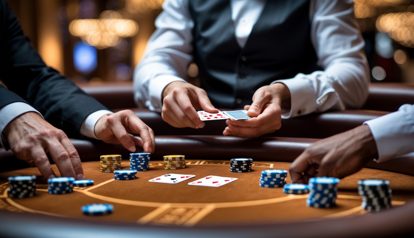 Meja poker mewah dengan tumpukan chip dan kartu yang sedang dibagikan oleh dealer, menunjukkan suasana permainan yang profesional dan dapat dipercaya.