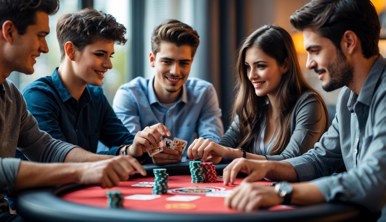 Sekelompok empat orang muda sedang bermain poker di meja dengan kartu dan chip poker.