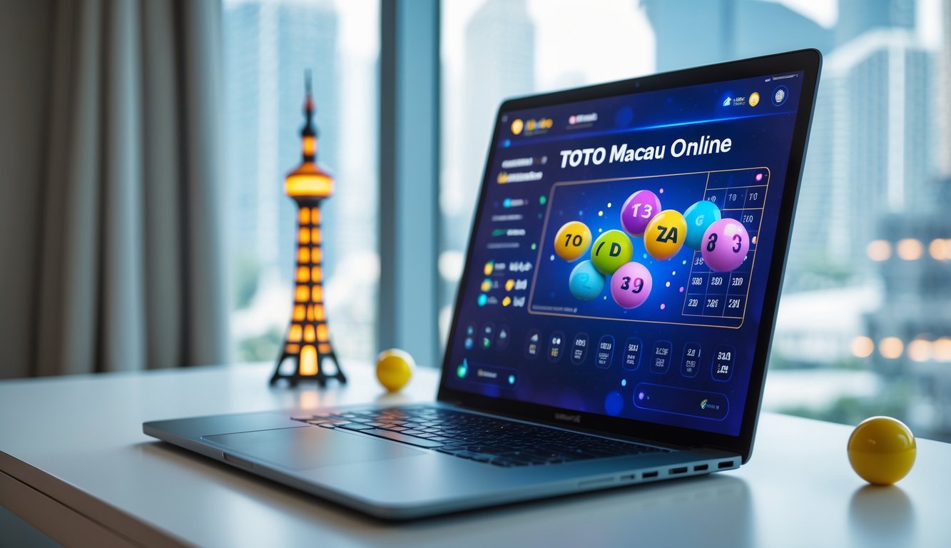 Sebuah komputer modern di meja dengan layar menampilkan angka dan bola lotere, dengan latar belakang dekorasi yang menggambarkan Macau.