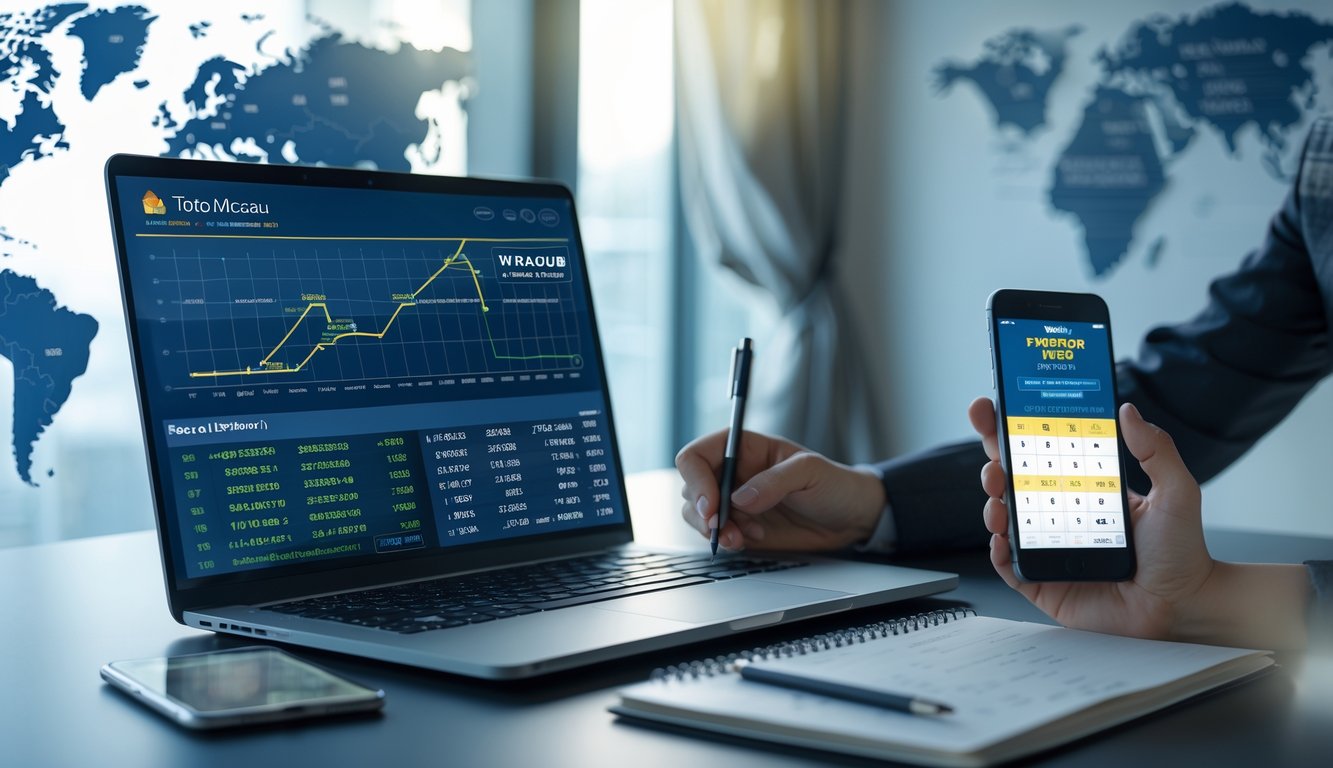Sebuah meja kerja modern dengan laptop, buku catatan, dan ponsel yang menampilkan data dan analisis terkait prediksi togel Macau.