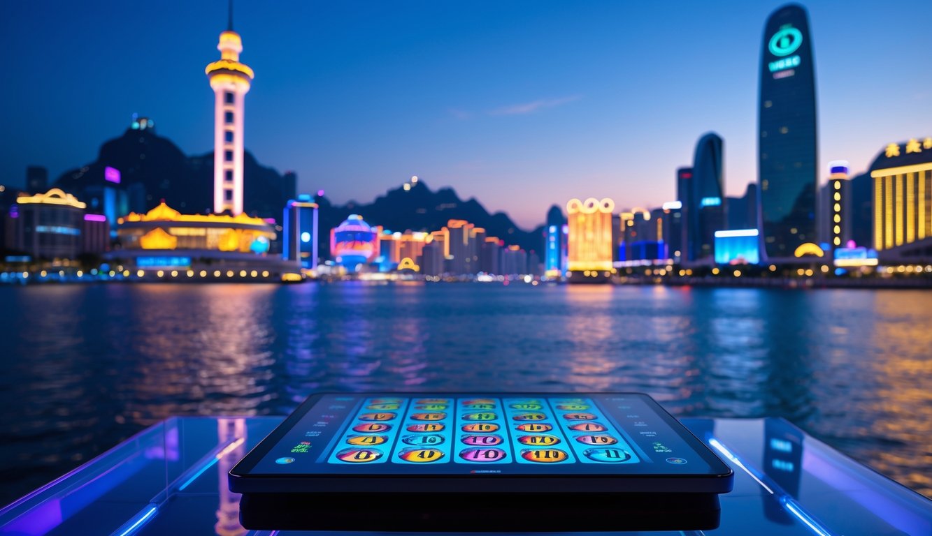 Pemandangan kota Macau di malam hari dengan gedung-gedung ikonik dan layar digital menampilkan angka lotere.