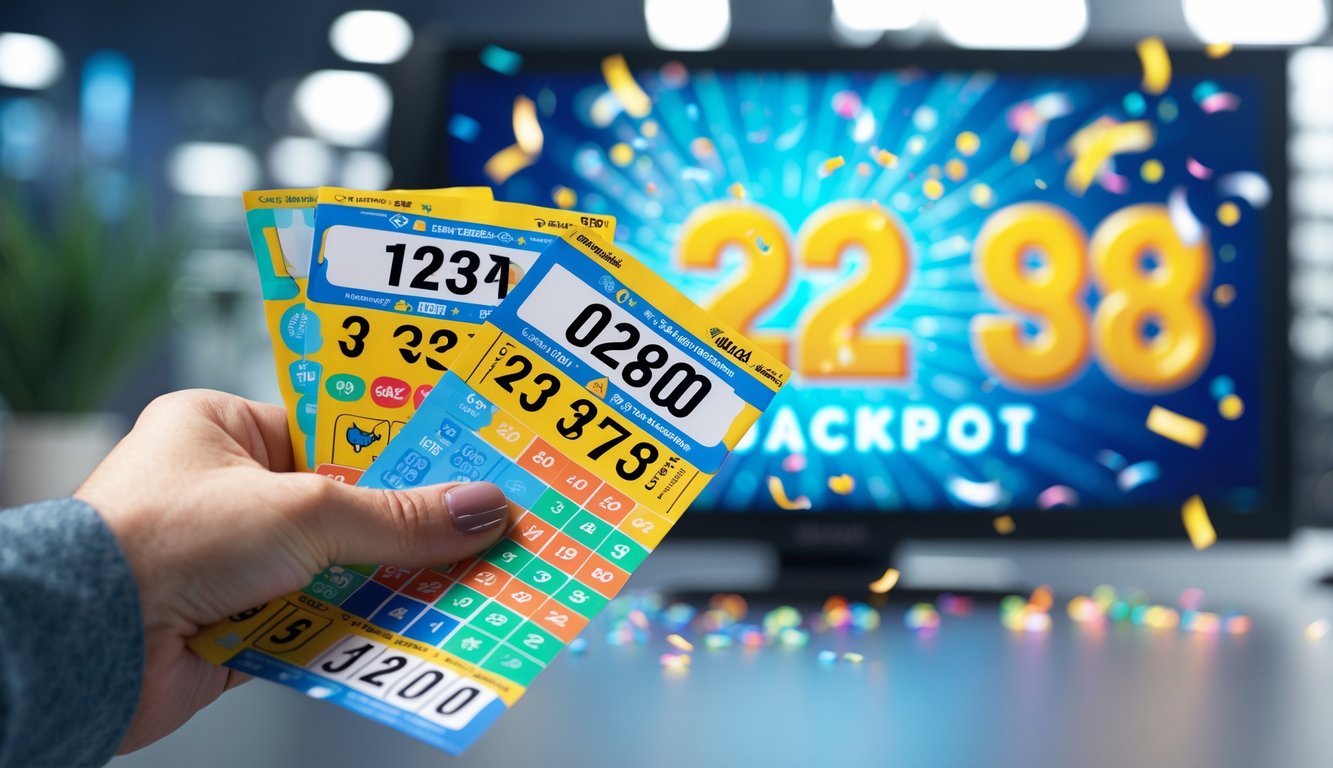 Tangan memegang beberapa tiket lotere berwarna-warni dengan layar digital besar menampilkan angka jackpot dan dekorasi perayaan di latar belakang.