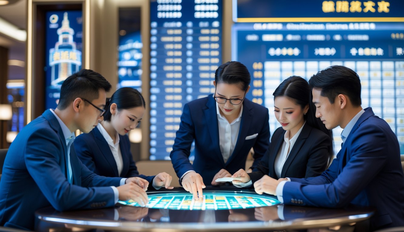 Orang-orang sedang berdiskusi di ruangan modern dengan layar digital dan latar belakang arsitektur khas Macau.